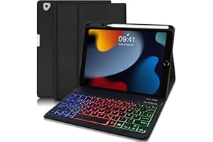 AGARELE Tastatur Hülle für iPad 10.2 9/8/7 Generation (2021/2020/2019), Schutzhülle mit Bleistifthalter und Hintergrundbeleuchtung Abnehmbarer Kabellose Tastatur für iPad Air 3/iPad Pro 10.5