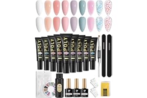Poly Nail Gel Kit, Phoenixy 9 Colors Poly Extension Gel Nail Set with Glossy Matte Base Top Coat and 60Pcs Nail Tips Poly Nail Builder Gel Gift Kit for Women