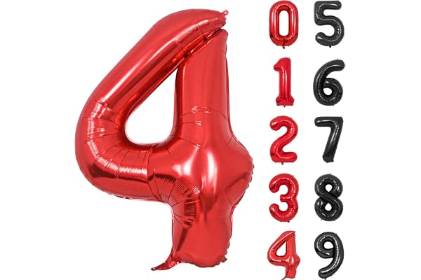 Ballons Numéro, 40 Pouces Rouge Hélium Mylar Ballons Ballon Anniversaire 4 an pour Enfant Garçon Fille Décorations de Fêtes D'anniversaires (chiffre 4)