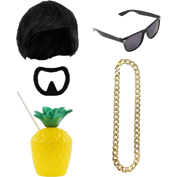 Ibiza Final Boss Kostüm Set – Inkl. Perücke, Goldkette, Sonnenbrille, Fake-Tattoo Ärmel & Ziegenbart