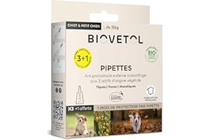 BIOVETOL - Pipettes Antiparasitaires Chien - Antiparasitaire Bio Certifié Ecocert - Anti-puces, Anti-Tiques (pour Chiot/Petit Chien (- de 15 kgs), 3 pipettes + 1 Offerte)
