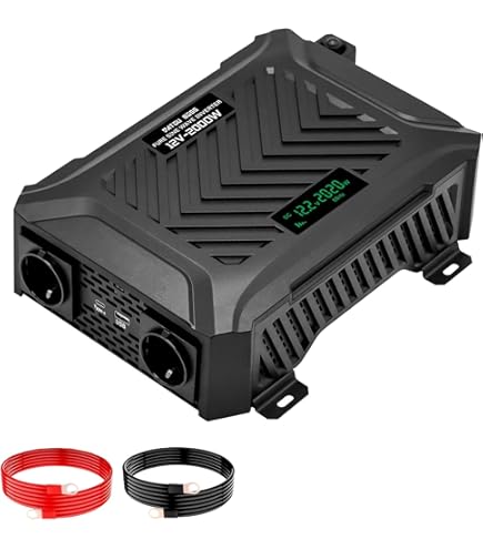 Omvormer, 12 V naar 230 V, zuivere sinus, 2000 W/4000 W,Continu vermogen (1000 W/2000 W), dubbele spanningsomvormer, 2 EU-stopcontacten, 1 type-C- aansluiting, 2,1 A USB-aansluiting, voor camper
