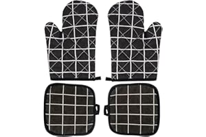 TCNZDY Set of 4 Heat Resistant Oven Gloves, 1 Pair of Oven Gloves and 2 Pot Holders, Cooking Gloves, Black