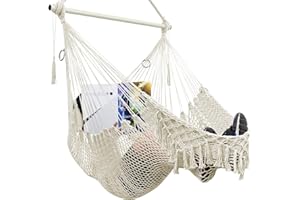 OUTERMAN Silla Hamaca Colgante de Hilo Algodón con Almohada de Cabeza y Barra Metálico Desmontable, Extensibles & Súper Cómoda Blanco