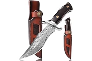 SPITZKANTE de caza Cuchilla fija P-S-DMSG, 16, 3 cm de longitud de la Acero damazado Cuchillo de cinturón con funda de cuero, mango de madera, cuchillo exterior para el camping