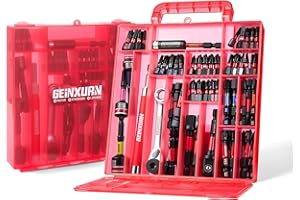 Geinxurn Lot de 99 Embouts de Vissage (Torx, Cruciforme, PZ, Hex, SL), en Acier S2 Magnétique, avec Porte-embout, Adaptateur, Clé à Douille, Mini Clé à Cliquet avec Boîte de Rangement Rouge