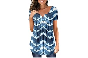 QI_LIANG Tank Tops for Women, Cool Valentine's Day Tunic Womens Swing Essential Short Sleeve College Henley Button-Dow Tunic Relaxed Fit Gradient Color Cotton Tunic Woman