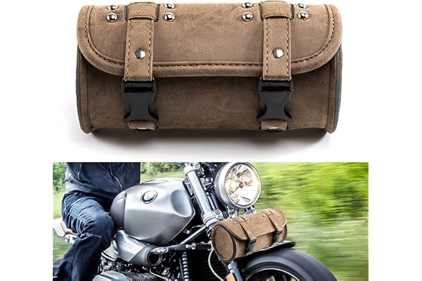 APEBAZY Sacoche de guidon de moto universelle en cuir PU - Sac à fourche à roulettes Sissy Bar - Sac à outils étanche avec boucles à dégagement rapide (Marron)