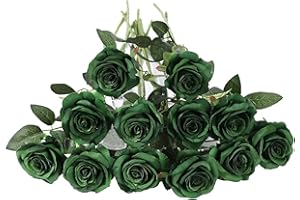 Laelfe 12 Pcs Emerald Green Artificial Roses, 21in Realistic Single Long Stem Silk Green Flowers Fake Rose Bridal Bouquet for Wedding Home Party Arrangment Hotel Garden Decoration (Dark Green)
