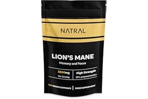 NATRAL 5000mg Pure Lion's Mane Supplement High Strength - 120 Caps - 50% Polysaccharides - No Additives, No Filler, 100% Fruiting Body Extract – for Mental Clarity and Focus
