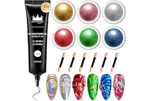 BISHENGYF 6 Polvere Cromata Per Unghie,Trasparente Colla Per Unghie 3d Le Unghie Tridimensionali Multifunzionali Gel,Oro E Argento Polvere Unghie Effetto Specchio Disegni