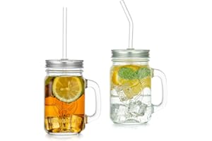 GLASSEAM Set Di 2 Barattoli Di Conservazione Vintage In Vetro Da 500 Ml Con Coperchio E Cannuccia Riutilizzabile - Tazze Di Vetro Con Manico Per Colazione, Avena, Snack
