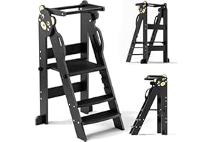 Helangel Foldable Learning Tower with 3 Level Adjustable Height,Mothers' Helper Montessori Learning Step Ladder,Kitchen Helper kids kitchen Step Stool for Kitchen Counter,18 Month-6Years (Black)