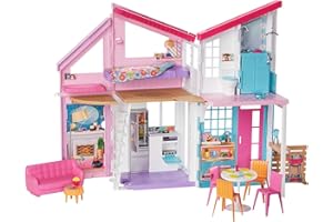 Barbie - Coffret La Maison à Malibu - Maison de Poupées de 6 Pièces à 2 Étages - Éléments Transformables - Plus de 25 accessoires - Cadeau dès 3 ans, FXG57