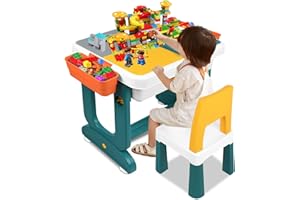 YRHome Multifunktionaler Kindertisch mit 2 Stühle Spieltisch Doppelseitiger Aktivitätstisch 300 Stück Bausteine Kinder Tisch Stuhl Set für Kinderzimmer