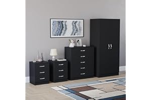 Vida Designs Riano 4 Piece Bedroom Set - 3 Drawer Bedside Chest, 5 Drawer Chest, 2 Door Wardrobe - Black