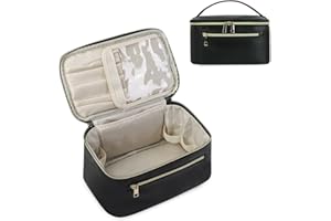 WANDERING NATURE Neceser Maquillaje Cuero Bolsa de Cosméticos con Porta Brochas Grande Multifuncional Hidrófugo para Mujer Viajes Nocturnos, Negro Patente Pendiente