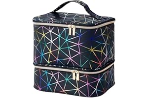 AMOYUN Black Large Makeup Bag, Nail Polish Organiser-Holds 30 Bottles Double-Layer Travel Storage Bags Waterproof PU Cosmetic Bag with Adjustable Dividers for Manicure Tools Storage