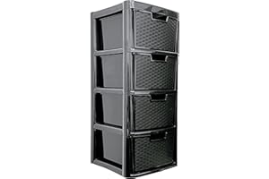 ALEEZ - Large Plastic Drawer Storage Unit - Rattan Effect 4 Drawer Cabinet - Multipurpose Storage Organiser - Office, Tabletop Desktop Drawer - Bedroom Chest Drawer Unit - (Black, 4 Drawer)