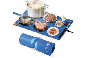 SOPPY Food Warming Mat, 23.6"x15" 260W Fast Heating Electric Warming Tray with 6 Level Temperature, Safety Lock & Portable Design, Roll Up Buffet Hot Plates Heat Pad for Parties Home Travel, Blue
