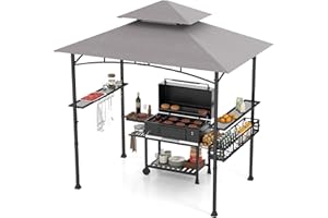 HOMASIS Cenador para Barbacoa con Techo Lateral, Pérgola de Jardín con Doble Techo, 2 Mesas y Ganchos, Carpa Cargada Exterior, Toldo Pergola para Parrilla (Gris + Negro, 242 x 153 x 250 cm)