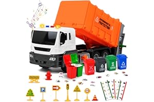 Joellfuner Müllauto Spielzeug, Müllsammelfahrzeug mit 4 Behältern, Trash Vehicle mit Sound und Licht, Müll-Recycling-Truck Spielzeug, Müllwagen Geburtstag ab 3 Jahre Kinder Junge und Mädchen (Orange)