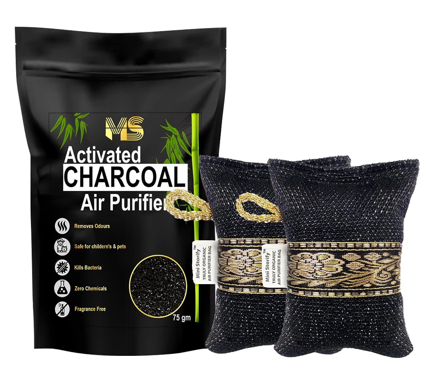 Mini Storify – Non Electric Activated Charcoal Air Purifier Bag | Pack of 2 | 75g x 2 – Natural Odor Remover and Deodorizer –