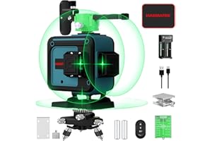 HANMATEK Nivel Láser, Línea Láser Verde Cruzada 3x360 °, Líneas de Niveles Láser de Modo de Pulso, 12 Líneas Horizontales y Verticales Autonivelantes, IP54 a Prueba de Agua con 2 Baterías,Control Remoto