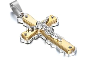 JewelryWe Bijoux Pendentif Croix Collier Homme Chaîne 55cm Rétro Jesus Crucifix Acier Inoxydable Fantaisie pour Homme et Femme Couleur Argent Or Avec Sac Cadeau