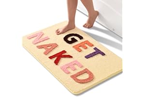 QJHOMO Get Naked Bath Mat Beige Bathroom Mats 60 x 90 cm, Non Slip Bath Mats for Bathroom, Colourful Letters Soft Microfiber Bathroom mat, Machine Washable Rug
