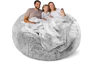 YudouTech Bean Bag Chair Cover Without Filler,Big Round Soft Fluffy PV Velvet Washable Bean Bag Lazy Sofa Bed Cover for Adults,Living Room Bedroom Furniture Outside,6ft snow grey.