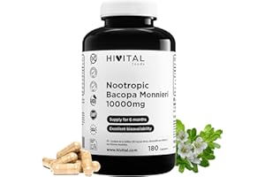 HIVITAL FOODS Nootropic Bacopa Monnieri 10000 mg 180 Capsules for 6 Months Treatment Natural Nootropic with Caffeine Made by HIVITAL