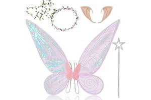 TDTOD Feenflügel Erwachsene Kinder, 4 Stück Flügel Fee Rosa Schmetterlingsflügel Mädchen Fairy Wings mit Elfenohren Stern Stab Winx Club Kostüm Damen Feenkostüm für Karneval Geburtstag Rollenspiele Party