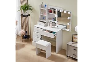 Saimeihome White Dressing Table with Dimmable Lighted Mirror, Vanity Desk with Cushioned Stool, Makeup Vanity with 6 Spacious Storage Drawers for Makeup