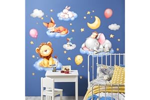 Decvictor Adesivi Murali Animali Cartoon Adesivi da Parete Leone Elefante Volpe Coniglio Dormire sulle nuvole sotto le stelle Adesivo Muro Decorativo per Ragazze Bambini Camera da Letto Materna Muro