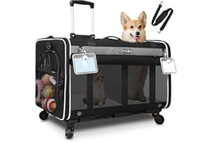 Petskd Double Cat Carrier with Wheels for Large Cat or Medium Dog, 23.6"x 15.7"x 13.7" Rolling Pet Carrier for 2 Small Pets, Removable Wheels Dog Carrier with 2 Compartment for Traveling (Dark Black)