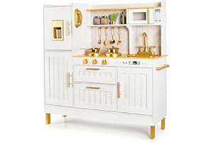 Leomark Gold - Une Magnifique Cuisine pour Enfants 98cm x 30cm x H 98.5 cm en Bois pour Les Petits Chefs au Style Unique ! Effets Sonores et Lumineux des Accessoires Réalistes Jeu Créatif!