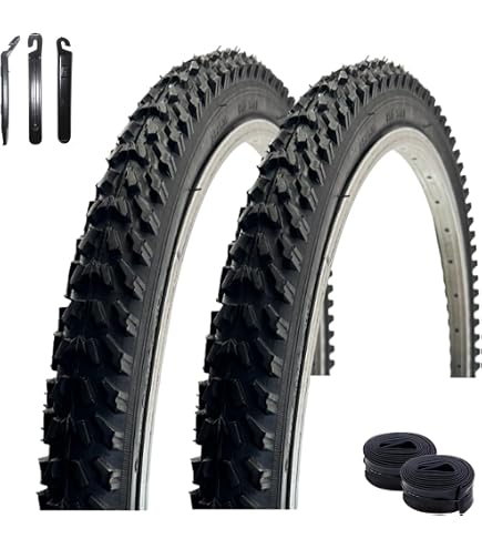2 Pneus VTT 26 X 1.95 + Chambres à Air Valve Schrader - Mixte Enfant/Adulte, Noir, Tasselés