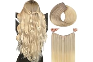 hotbanana Extension Capelli Veri con Filo Invisibile, 30cm 70g Biondo cenere a biondo dorato e biondo platino Capelli Umani Remy Lisci, Invisible Wire Hair Extensions, Extension in Capelli Veri