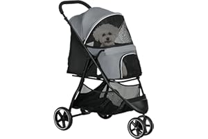 PawHut Poussette buggy pour chien, poussette pour chat animaux de compagnie pliable, 2 laisses, roues EVA, guidon réglable, panier, 83 x 55 x 101 cm, gris