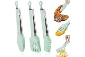 Leseed 3 Pièces Pince Cuisine Silicone, 27 cm Pince Barbecue Inox en Acier Inoxydable avec 3 Crochets, Silicone Résistantes (230 °C), Pince de Cuisine pour Cuisson, Salade, Pâtes (Vert, 27cm)