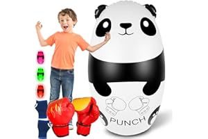 FOYOCER Kids Punching Bag with Boxing Gloves 120cm Light Up Panda Inflatable Punching Bag with Workout Gloves Stress Relief Toy for Kids 3-9 Gifts for Boys & Girls(3xAAA Batteries Not Included)
