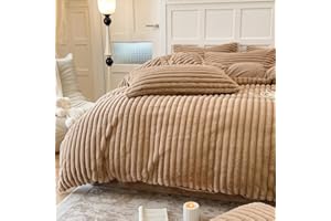 Menkala Plüsch Bettwäsche 135x200 Khaki Braun Uni Gestreift Winter Warm Cashmere Touch Shaggy Flauschig Plüschbettwäsche Set Kunstfell Wende Bettbezug und 1 Kissenbezug 80x80cm Reißverschluss
