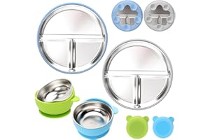CLDY Ensemble de couverts pour bébé 4 pièces, Assiette pour tout-petits en acier inoxydable avec ventouse-Bol pour enfants, assiette compartiment bebe, Lavable au lave-vaisselle-antidérapant-sans BPA