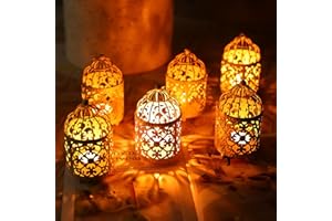 JHY DESIGN Juego de 6 Candelabros de Velas Portavelas Pequeños de Metal para Colgar en Forma de Jaula de Pájaros Portavelas Huecos para Mesa Boda Patio Regalos Interior y Exterior (Blanco)