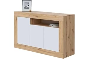 Habitdesign Aparador 3 Puertas, Buffet para Salon, Armario Auxiliar, Modelo Baltik, Acabado en Color Blanco Artik y Roble Nodi, Medidas: 144 cm (Ancho) x 87 cm (Alto) x 42 cm (Fondo)