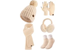 heekpek Set Cappello Sciarpa Guanti Paraorecchie e Calze Invernale Donna in Maglia Berretto Pompon Guanti Touchscreen Caldo Moda 5 Pezzi Invernale Accessori Esterno
