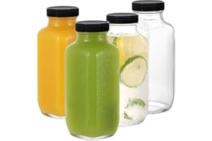 LIMILI Glass Bottles with Lids, 4pcs 500ml Reusable Wide Mouth Clear Glass Juice Bottles, for Milk, Hot Cold Drinks, Homemade Beverages