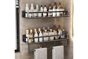 devesanter Shower Caddy Shelf Organizer Rack, 2 Pack 40cm Adhesive & Drilling Shower Shelf Basket, Home Farmhouse Wall Shower Inside Organization and Storage Decor Rv Accessories（Black with 4 Hooks）