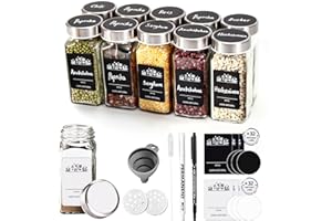 ROSNONG 12 Square Spice Jars with Lids, 4oz Glass Spice Jars with Labels, Cooking Spice Containers with Airtight Stainless Steel Caps and Shaker Lids, Spice Bottles Set, 1Pen,48 Labels, Funnel
